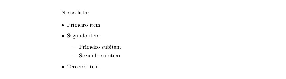 Documento de LaTeX que mostra uma lista não-ordenada com dois níveis